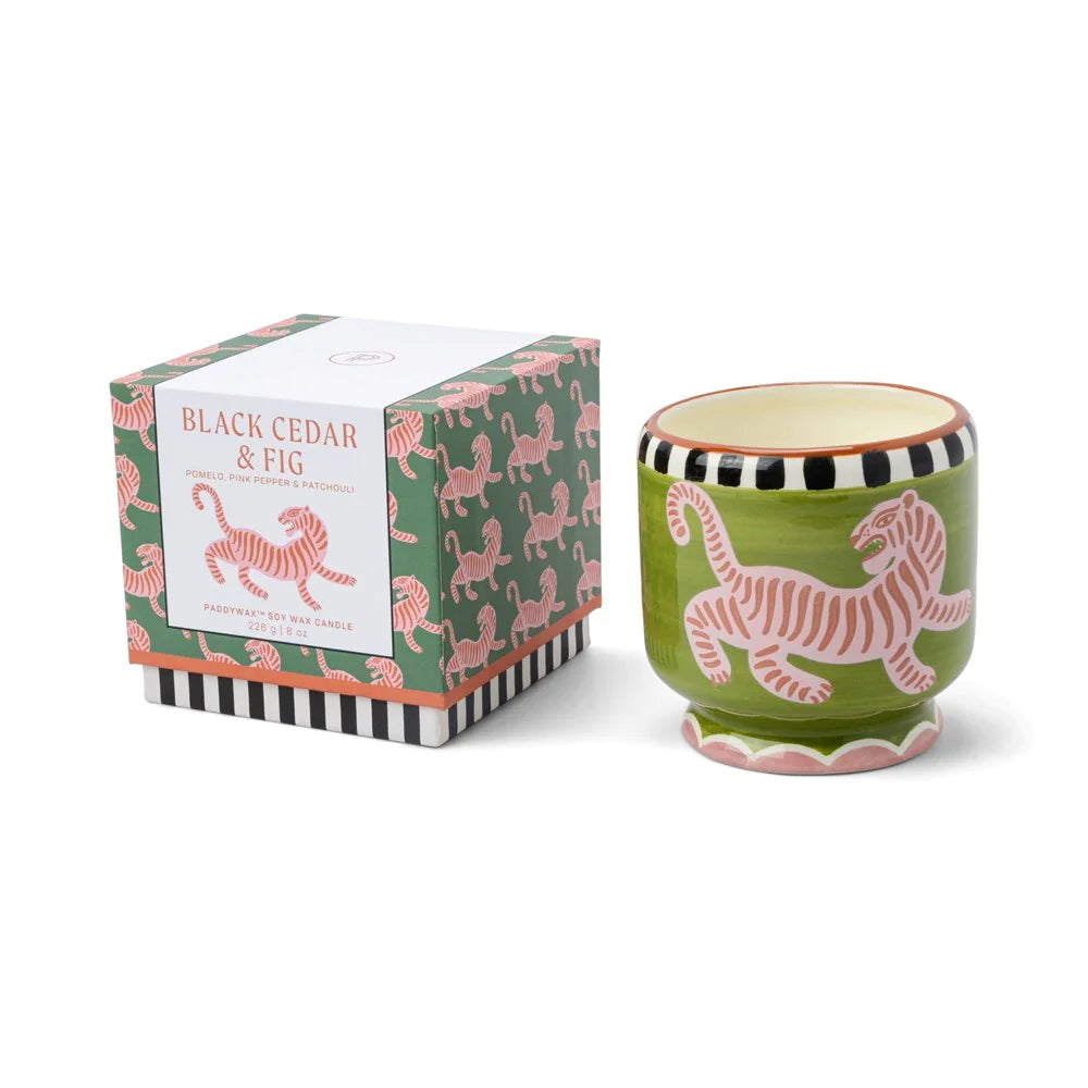 Paddywax 8oz Ceramic Candle Tiger -  Black Cedar & Fig