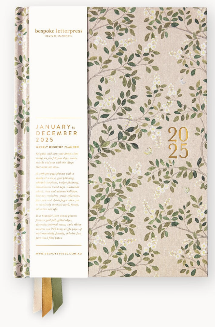 Bespoke 2025 Desktop Linen Diary - White Blossoms