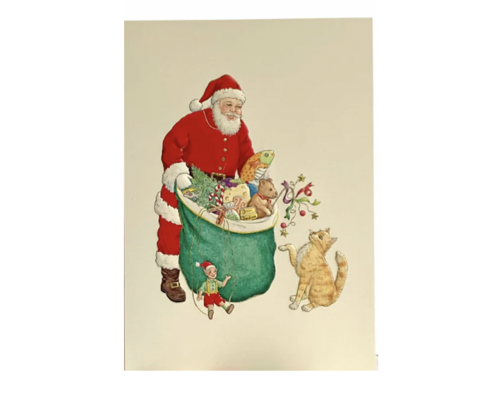 Paula Skene Card - Santa with Bag for Cat