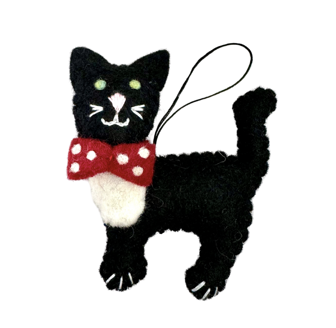 Felt Christmas Ornament - Black Cat with Bow