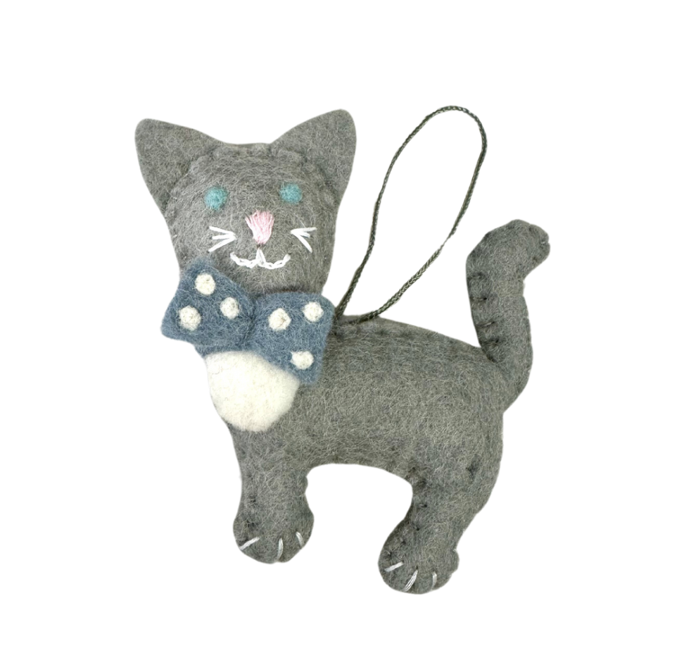 Felt Christmas Ornament - Grey Cat with Bow