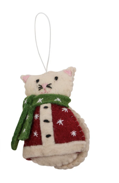 Felt Christmas Ornament - White Cat in Christmas Coat