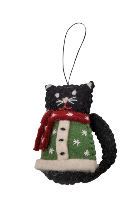 Felt Christmas Ornament - Black Cat in Christmas Coat