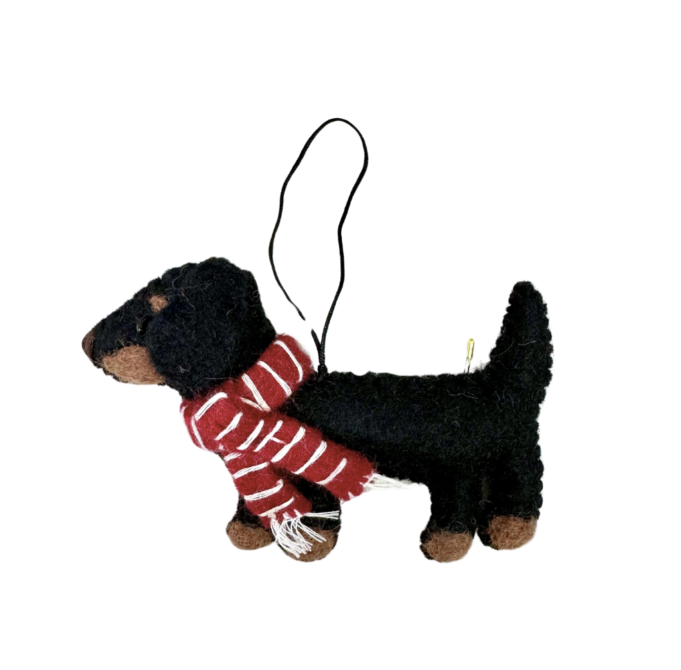 Felt Christmas Ornament - Black Dachshund with Scarf